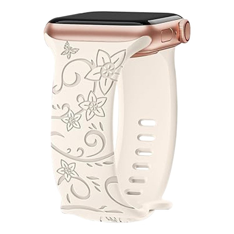 Watch Strap for Apple Watch Series 10 42mm / 9 8 7 41mm / SE (2023) SE (2022) SE 6 5 4 40mm / 3 2 1 38mm Flower Engraved Watch Band - Floral / Starlight