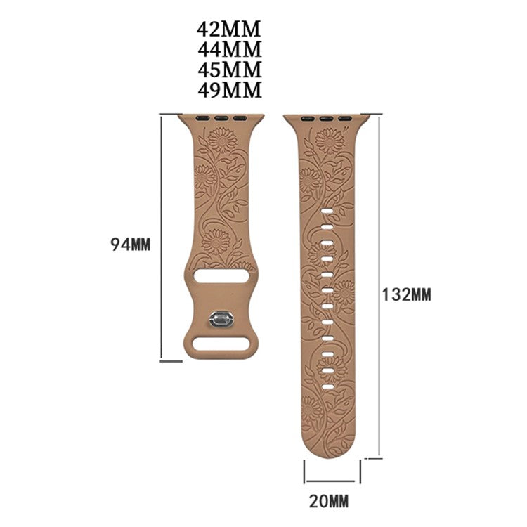 For Apple Watch Series 10 46mm / Ultra 2 Ultra 49mm / Series 9 8 7 45mm / 6 5 4 SE (2023) SE (2022) SE 44mm / 3 2 1 42mm Engraved Silicone Watch Band - Sunflower / Brown