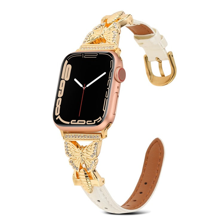 Watch Strap for Apple Watch Series 10 42mm / 9 8 7 41mm / SE (2023) SE (2022) SE 6 5 4 40mm / 3 2 1 38mm Butterfly Watch Band - White / Gold Buckle