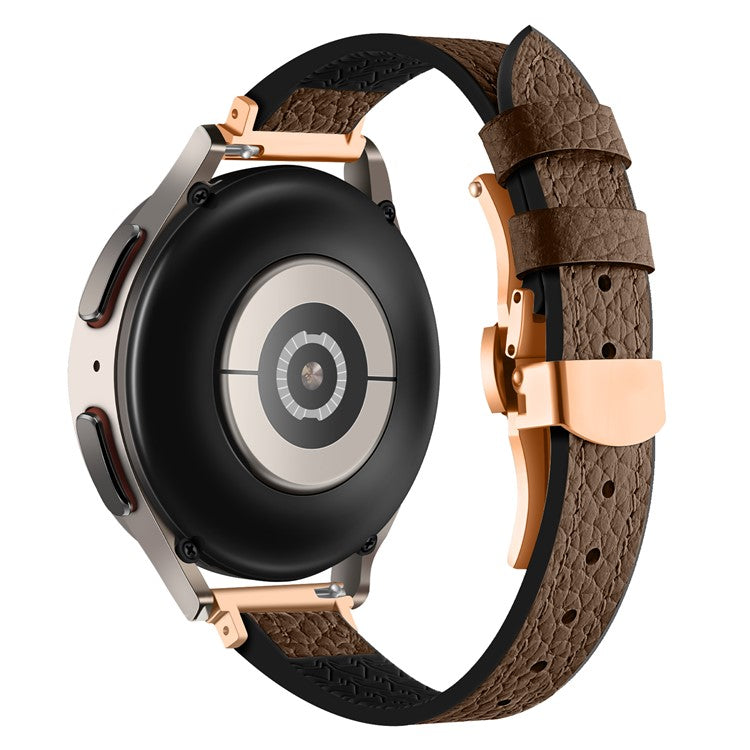 For Samsung Galaxy Watch6 / Garmin Venu Sq / Huami Amazfit Bip Silicone+Genuine Leather Band 20mm Watch Strap - Brown / Rose Gold Buckle
