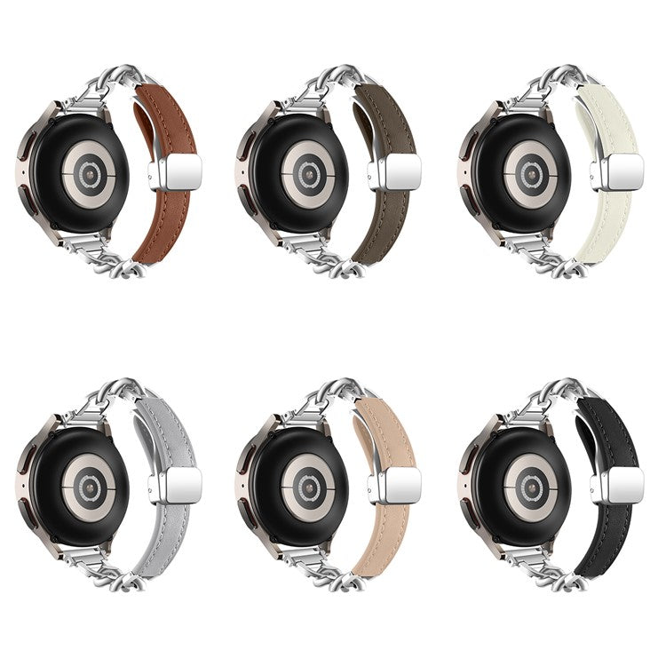 For Samsung Galaxy Watch6 / Garmin Venu Sq 2 Magnetic Watch Band 20mm Genuine Cow Leather Strap - Beige