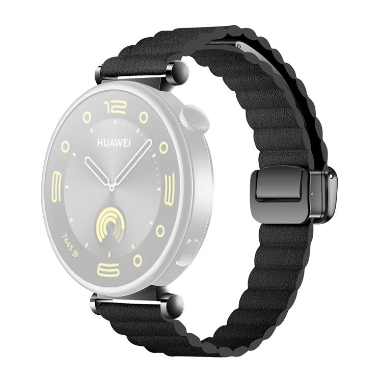 18mm Universal Watch Band Genuine Cow Leather Coated Silicone Magnetic Strap Replacement - Black