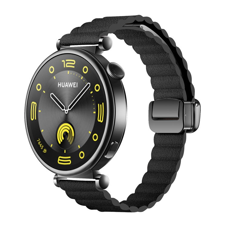 18mm Universal Watch Band Genuine Cow Leather Coated Silicone Magnetic Strap Replacement - Black