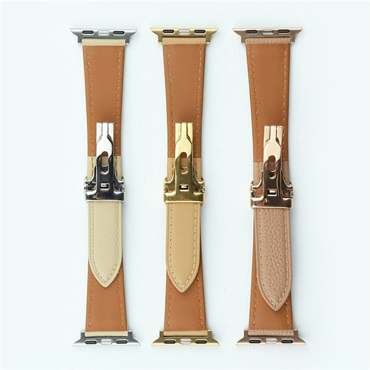 For Apple Watch 10 46mm / Ultra 2 / Ultra 49mm / 9 8 7 45mm / SE (2023) SE (2022) SE 6 5 4 44mm / 3 2 1 42mm Replacement Band Leather Watch Strap - Cream Yellow