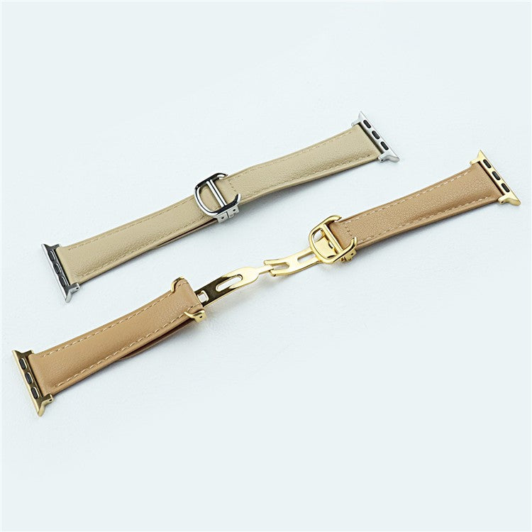 For Apple Watch 10 46mm / Ultra 2 / Ultra 49mm / 9 8 7 45mm / SE (2023) SE (2022) SE 6 5 4 44mm / 3 2 1 42mm Replacement Band Leather Watch Strap - Cream Yellow