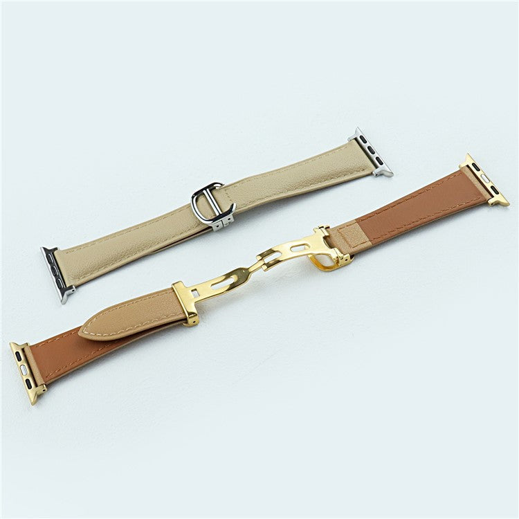 For Apple Watch 10 46mm / Ultra 2 / Ultra 49mm / 9 8 7 45mm / SE (2023) SE (2022) SE 6 5 4 44mm / 3 2 1 42mm Replacement Band Leather Watch Strap - Cream Yellow