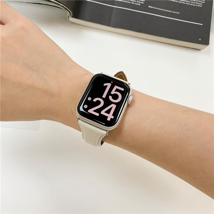 For Apple Watch 10 46mm / Ultra 2 / Ultra 49mm / 9 8 7 45mm / SE (2023) SE (2022) SE 6 5 4 44mm / 3 2 1 42mm Cow Leather Watchband Replacement Strap - Pink / Silver