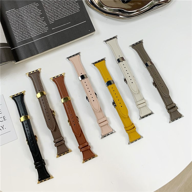 For Apple Watch 10 46mm / Ultra 2 / Ultra 49mm / 9 8 7 45mm / SE (2023) SE (2022) SE 6 5 4 44mm / 3 2 1 42mm Cow Leather Watchband Replacement Strap - Pink / Silver