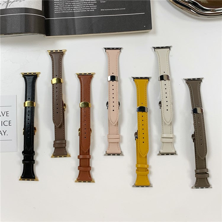 For Apple Watch 10 46mm / Ultra 2 / Ultra 49mm / 9 8 7 45mm / SE (2023) SE (2022) SE 6 5 4 44mm / 3 2 1 42mm Cow Leather Watchband Replacement Strap - Pink / Silver