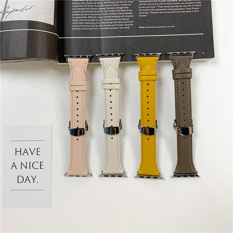 For Apple Watch 10 46mm / Ultra 2 / Ultra 49mm / 9 8 7 45mm / SE (2023) SE (2022) SE 6 5 4 44mm / 3 2 1 42mm Cow Leather Watchband Replacement Strap - Pink / Silver