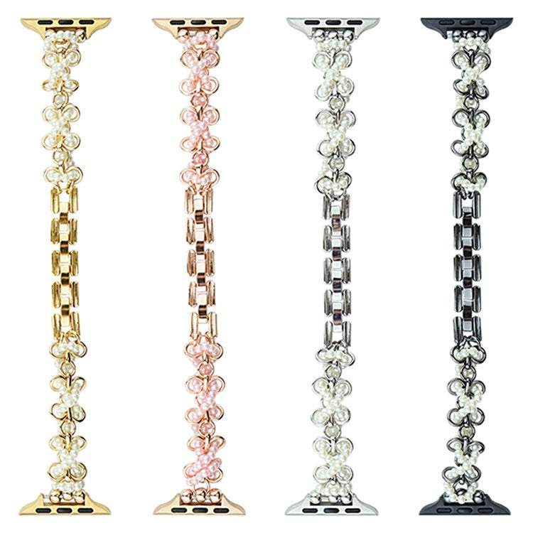 Watch Band for Apple Watch Series 10 42mm / 9 8 7 41mm / SE (2023) SE (2022) SE 6 5 4 40mm / 3 2 1 38mm Butterfly Pearl Strap - Rose Gold