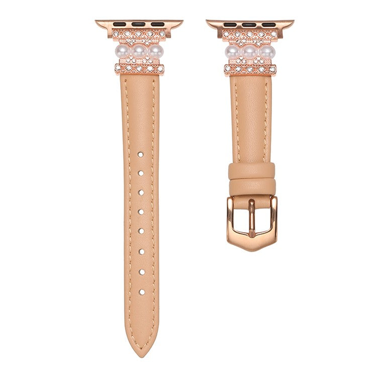 Watch Band for Apple Watch Series 10 42mm / 9 8 7 41mm / SE (2023) SE (2022) SE 6 5 4 40mm / 3 2 1 38mm Genuine Cow Leather Band Bling Bracelet - Camel