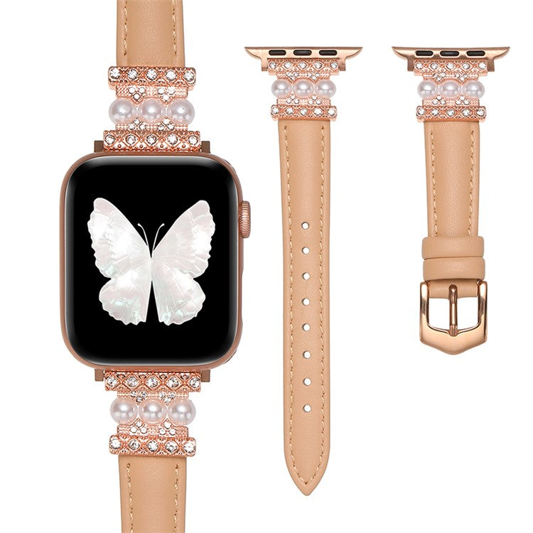 Watch Band for Apple Watch Series 10 42mm / 9 8 7 41mm / SE (2023) SE (2022) SE 6 5 4 40mm / 3 2 1 38mm Genuine Cow Leather Band Bling Bracelet - Camel