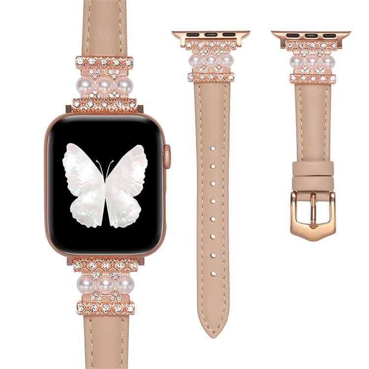 Watch Band for Apple Watch Series 10 42mm / 9 8 7 41mm / SE (2023) SE (2022) SE 6 5 4 40mm / 3 2 1 38mm Genuine Cow Leather Band Bling Bracelet - Deep Pink