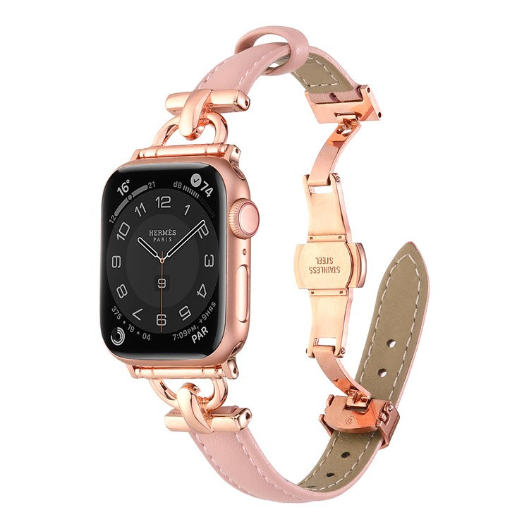For Apple Watch 10 46mm / Ultra 2 / Ultra 49mm / 9 8 7 45mm / SE (2023) SE (2022) SE 6 5 4 44mm / 3 2 1 42mm Leather Watch Band - Light Pink / Rose Gold Buckle