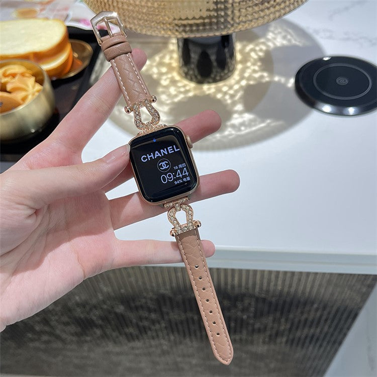 For Apple Watch 10 46mm / Ultra 2 / Ultra 49mm / 9 8 7 45mm / SE (2023) SE (2022) SE 6 5 4 44mm / 3 2 1 42mm Cowhide Leather Band - Bean Pink / Rose Gold Buckle