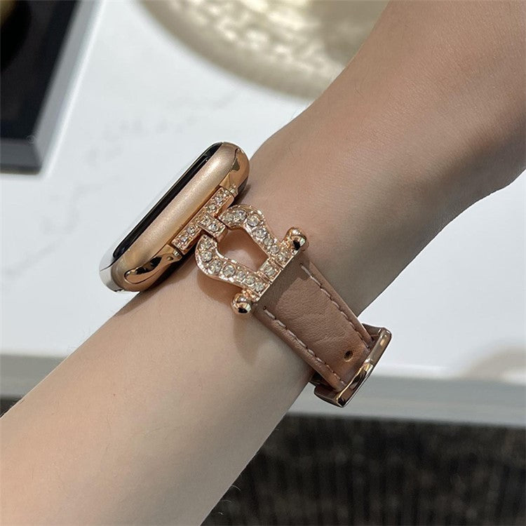 For Apple Watch 10 46mm / Ultra 2 / Ultra 49mm / 9 8 7 45mm / SE (2023) SE (2022) SE 6 5 4 44mm / 3 2 1 42mm Cowhide Leather Band - Bean Pink / Rose Gold Buckle