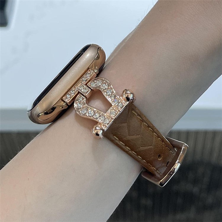 For Apple Watch 10 46mm / Ultra 2 / Ultra 49mm / 9 8 7 45mm / SE (2023) SE (2022) SE 6 5 4 44mm / 3 2 1 42mm Cowhide Leather Band - Light Brown / Rose Gold Buckle