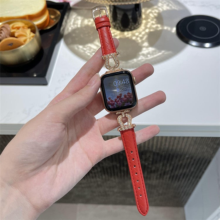 For Apple Watch 10 46mm / Ultra 2 / Ultra 49mm / 9 8 7 45mm / SE (2023) SE (2022) SE 6 5 4 44mm / 3 2 1 42mm Cowhide Leather Band - Red / Rose Gold Buckle