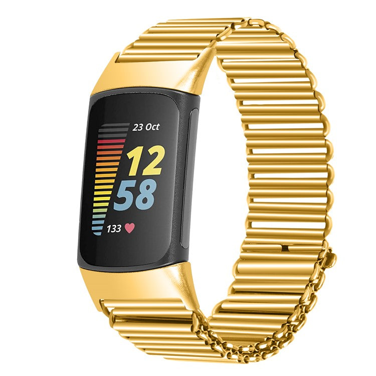 For Fitbit Charge 5 / 6 Stainless Steel Watch Strap Electroplating Color Wrist Bracelet Band - Gold