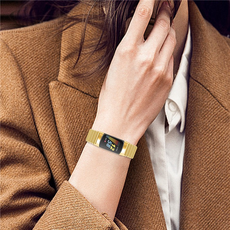 For Fitbit Charge 5 / 6 Stainless Steel Watch Strap Electroplating Color Wrist Bracelet Band - Gold