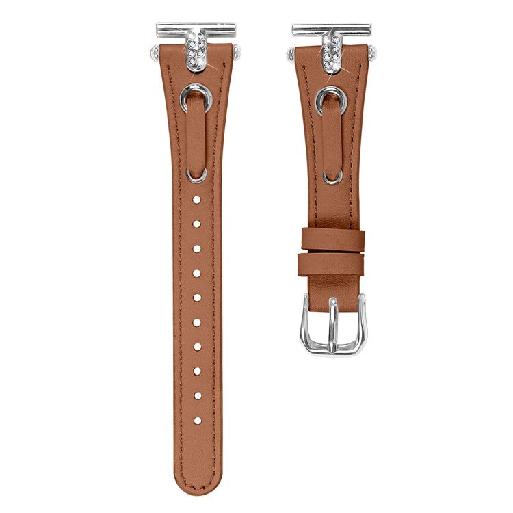 For Motorola Moto 360 42mm (2nd gen) Genuine Cow Leather Watch Band Rhinestone Decor Watch Strap with Silver Buckle - Brown