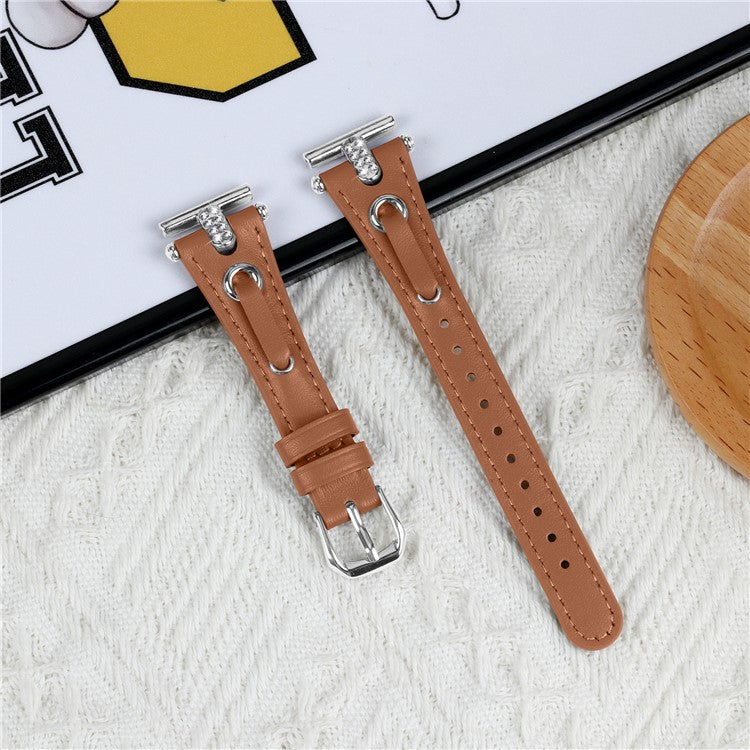 For Motorola Moto 360 42mm (2nd gen) Genuine Cow Leather Watch Band Rhinestone Decor Watch Strap with Silver Buckle - Brown
