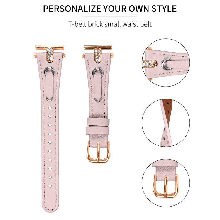For Motorola Moto 360 42mm (2nd gen) Genuine Cow Leather Watchband Rhinestone Decor Rose Gold Buckle Watch Strap - Pink