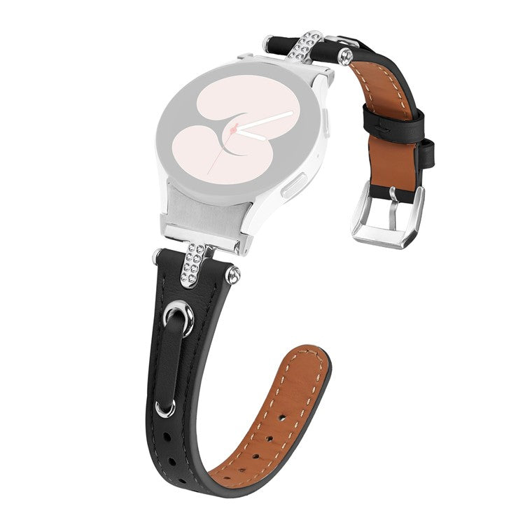 For Samsung Galaxy Watch FE 40mm / Watch4 / Watch4 Classic / Watch 5 / 5 Pro Watch Band Genuine Cow Leather Strap with Silver Connector - Black