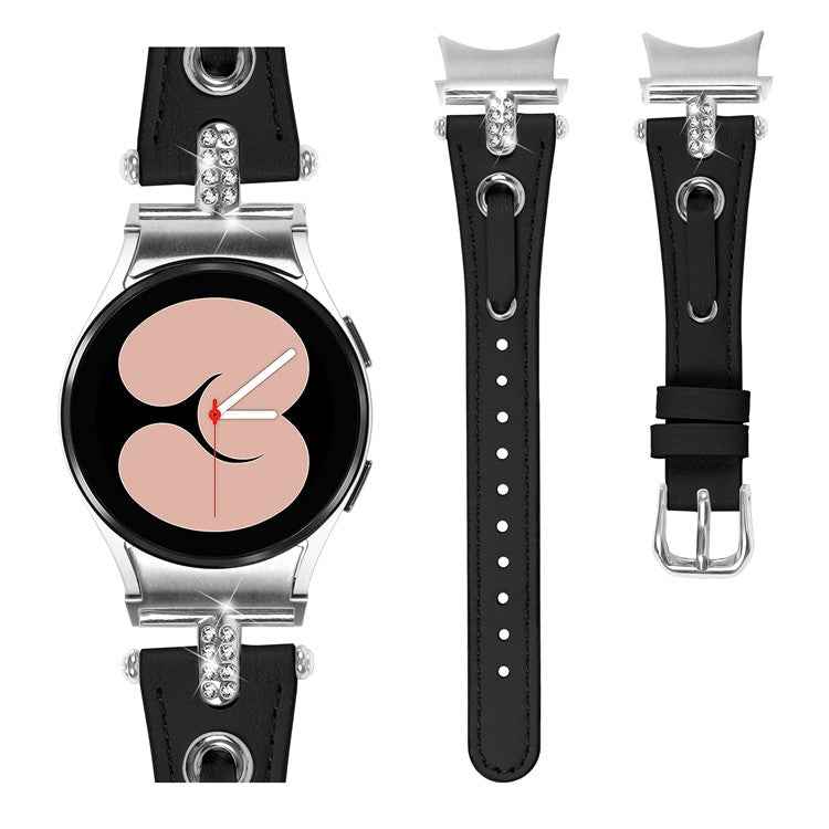 For Samsung Galaxy Watch FE 40mm / Watch4 / Watch4 Classic / Watch 5 / 5 Pro Watch Band Genuine Cow Leather Strap with Silver Connector - Black