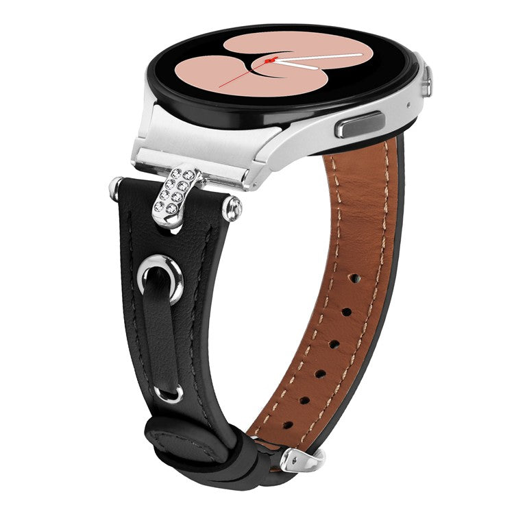 For Samsung Galaxy Watch FE 40mm / Watch4 / Watch4 Classic / Watch 5 / 5 Pro Watch Band Genuine Cow Leather Strap with Silver Connector - Black