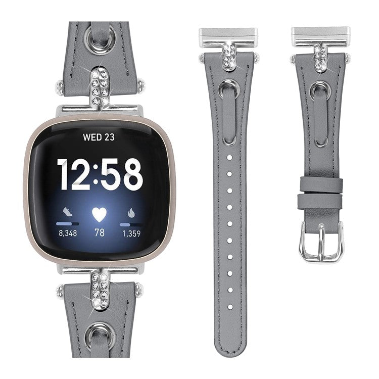 For Fitbit Versa 4 / Sense 2 Genuine Cow Leather Strap Rhinestone Watch Wrist Band (Silver Buckle) - Grey
