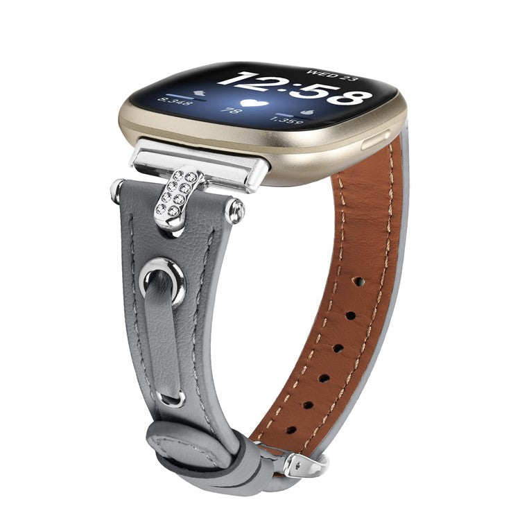 For Fitbit Versa 4 / Sense 2 Genuine Cow Leather Strap Rhinestone Watch Wrist Band (Silver Buckle) - Grey