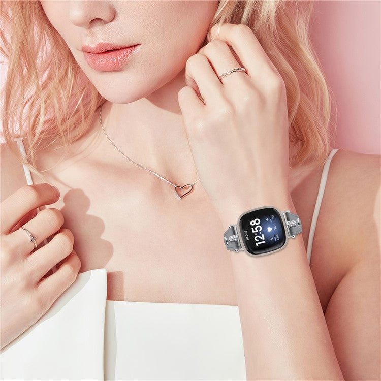 For Fitbit Versa 4 / Sense 2 Genuine Cow Leather Strap Rhinestone Watch Wrist Band (Silver Buckle) - Grey