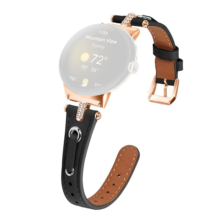 For Google Pixel Watch Genuine Cow Leather Watch Strap Rhinestone Decor Rose Gold Buckle Watch Band - Black
