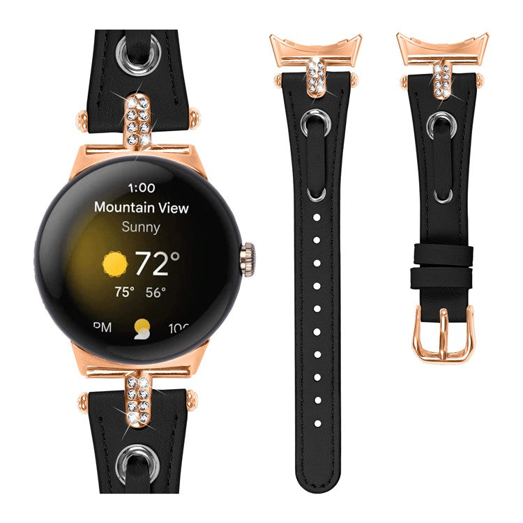 For Google Pixel Watch Genuine Cow Leather Watch Strap Rhinestone Decor Rose Gold Buckle Watch Band - Black