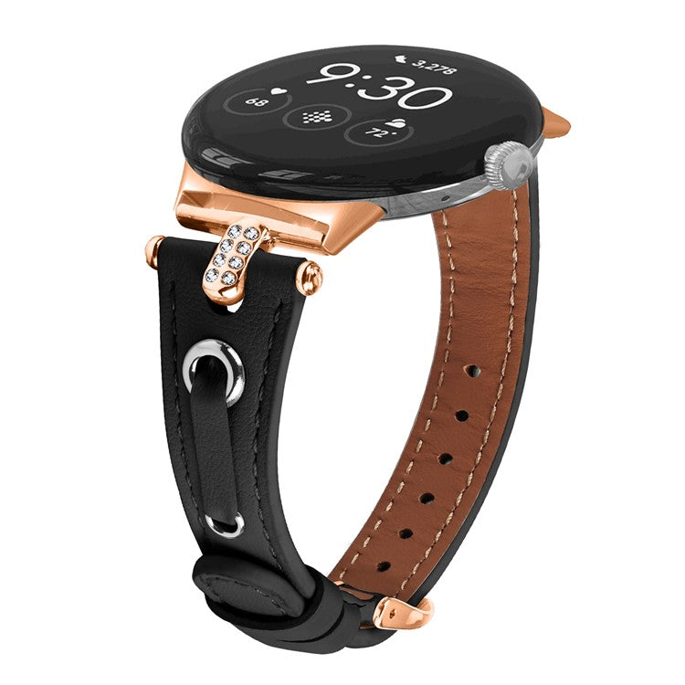 For Google Pixel Watch Genuine Cow Leather Watch Strap Rhinestone Decor Rose Gold Buckle Watch Band - Black