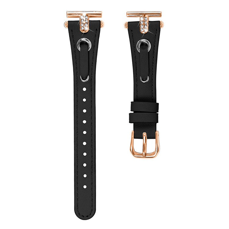 For GarminMove 3 / Vivomove 3 Watchband Genuine Cow Leather T-belt with Rhinestone Decor (Rose Gold Connector) - Black
