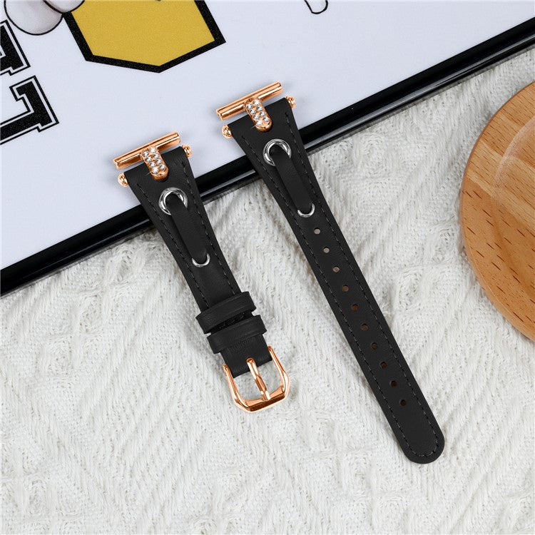 For GarminMove 3 / Vivomove 3 Watchband Genuine Cow Leather T-belt with Rhinestone Decor (Rose Gold Connector) - Black