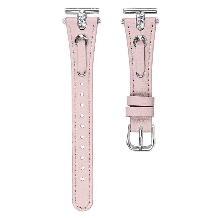 For Garmin Forerunner 245 / 245 Music Genuine Cow Leather Watchband Rhinestone Decor Strap (Silver Connector) - Pink