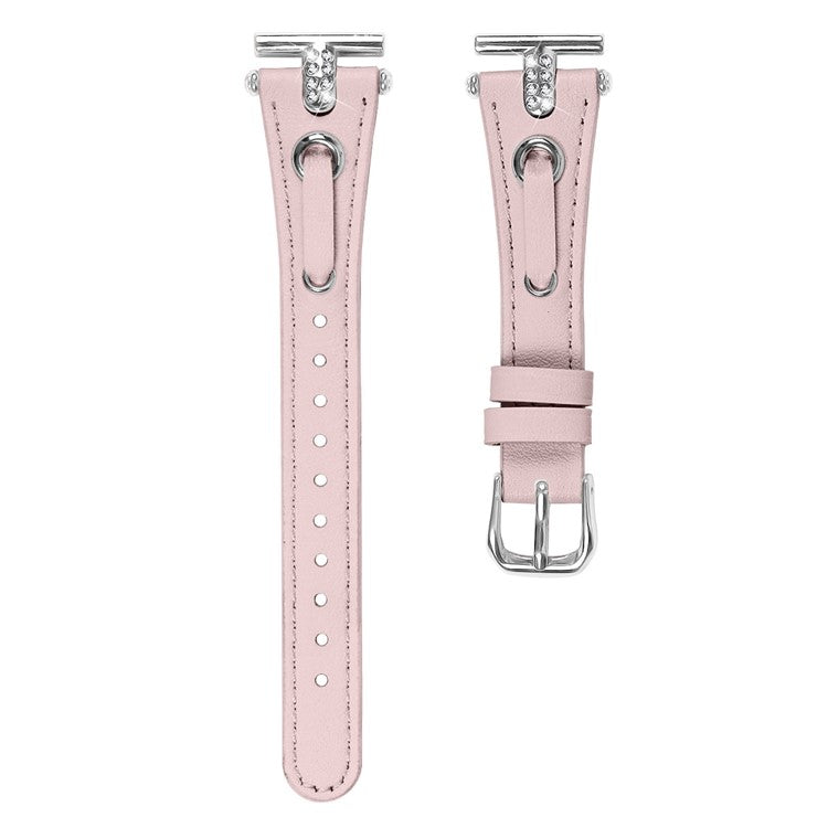 For TicWatch E / 2 / C2 (Black / Silver Dial) Watchband Genuine Cow Leather Strap with Rhinestone Decor (Silver Connector) - Pink