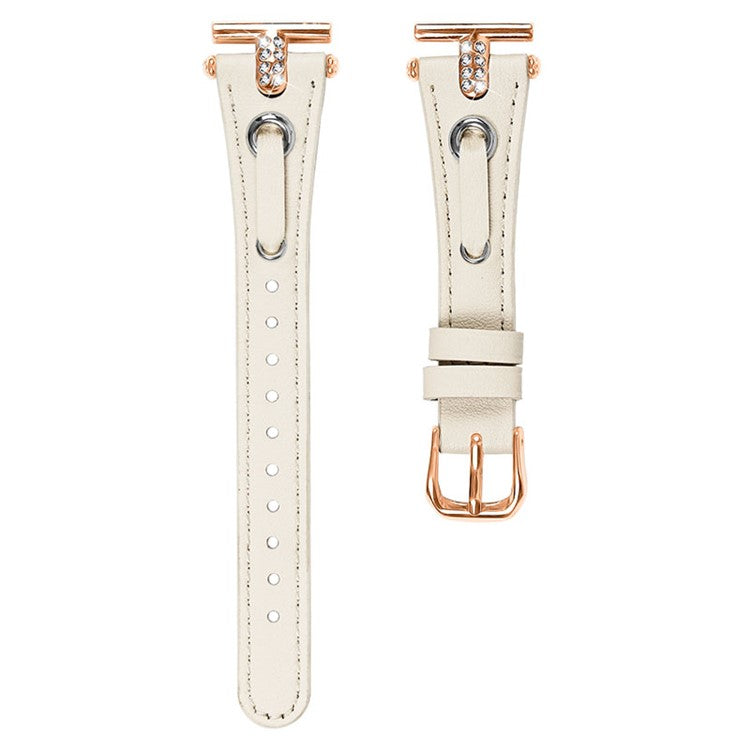 For Pebble Time Round / Pebble 2 Genuine Cow Leather Watch Band Rhinestone Decor Rose Gold Buckle Watch Strap - Apricot