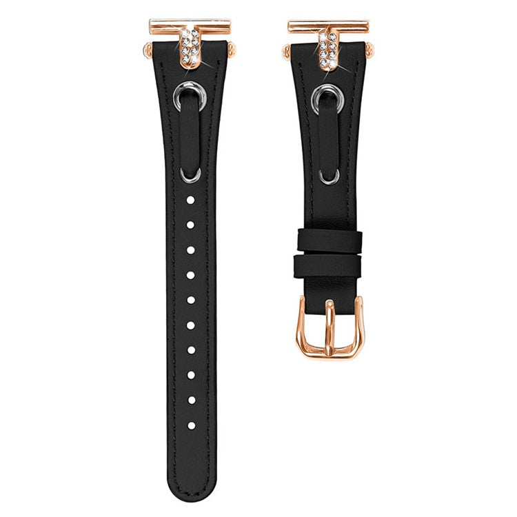 For Pebble Time Round / Pebble 2 Genuine Cow Leather Watch Band Rhinestone Decor Rose Gold Buckle Watch Strap - Black