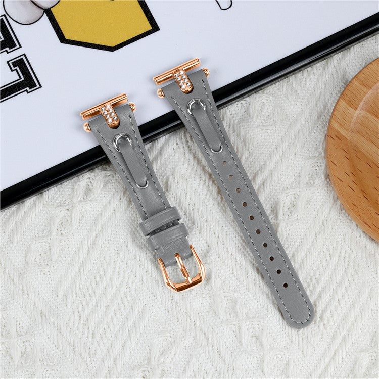 For Pebble Time Round / Pebble 2 Genuine Cow Leather Watch Band Rhinestone Decor Rose Gold Buckle Watch Strap - Grey