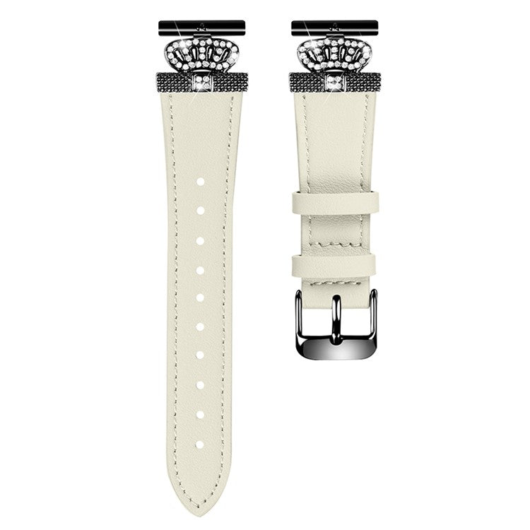For LG Watch Sport Black Buckle Wrist Band Rhinestone Crown Design Cowhide Watch Strap - Apricot
