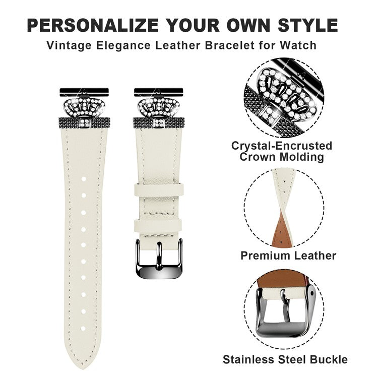 For TicWatch E / 2 / C2 (Black / Silver Dial) Watchband Genuine Cow Leather Strap, Rhinestone Crown Decor (Black Connector) - Apricot