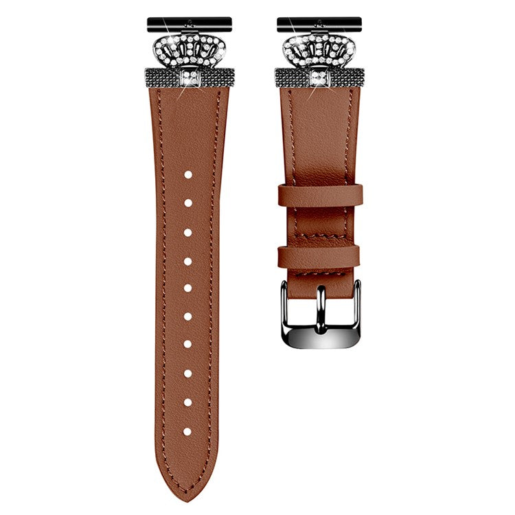 For TicWatch E / 2 / C2 (Black / Silver Dial) Watchband Genuine Cow Leather Strap, Rhinestone Crown Decor (Black Connector) - Brown