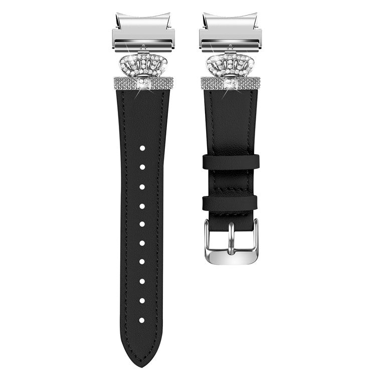 For Samsung Galaxy Watch6 40mm / 44mm / Watch6 Classic 43mm / 47mm Watchband with Silver Connector Genuine Cow Leather Strap - Black