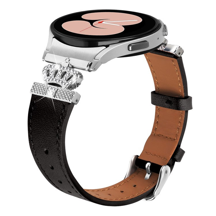 For Samsung Galaxy Watch6 40mm / 44mm / Watch6 Classic 43mm / 47mm Watchband with Silver Connector Genuine Cow Leather Strap - Black