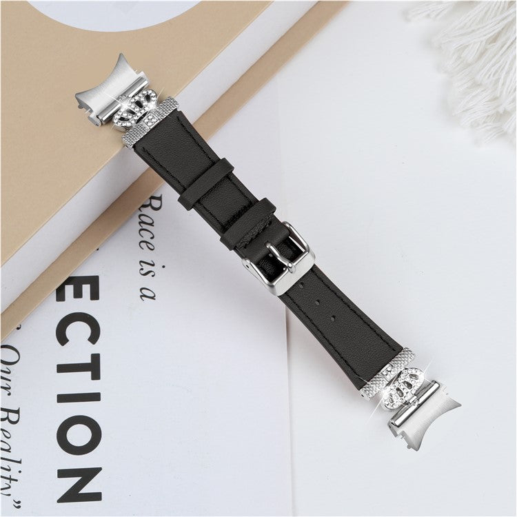 For Samsung Galaxy Watch6 40mm / 44mm / Watch6 Classic 43mm / 47mm Watchband with Silver Connector Genuine Cow Leather Strap - Black